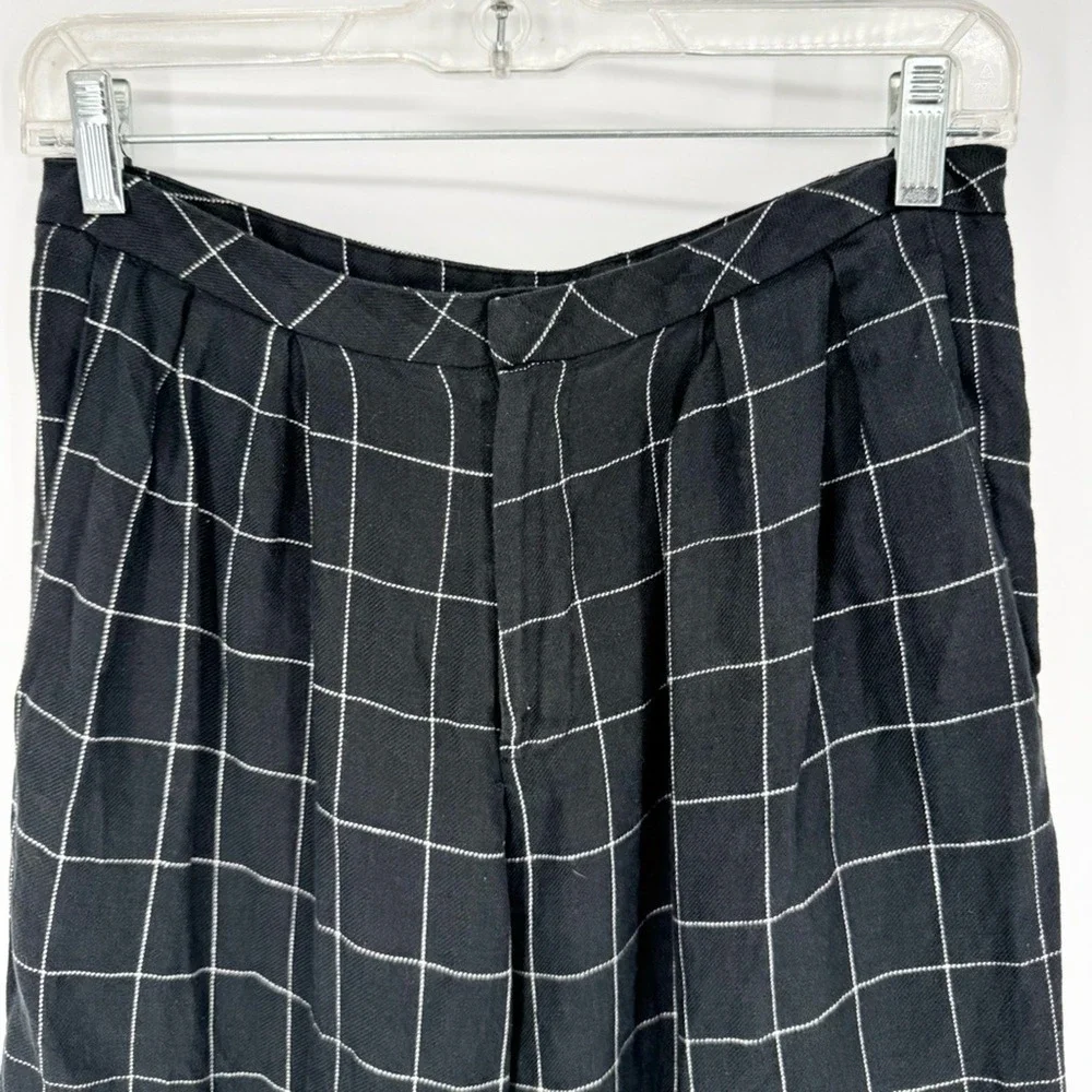 REFORMATION High Rise Windowpane Plaid Linen Trousers Black/White Size S Office